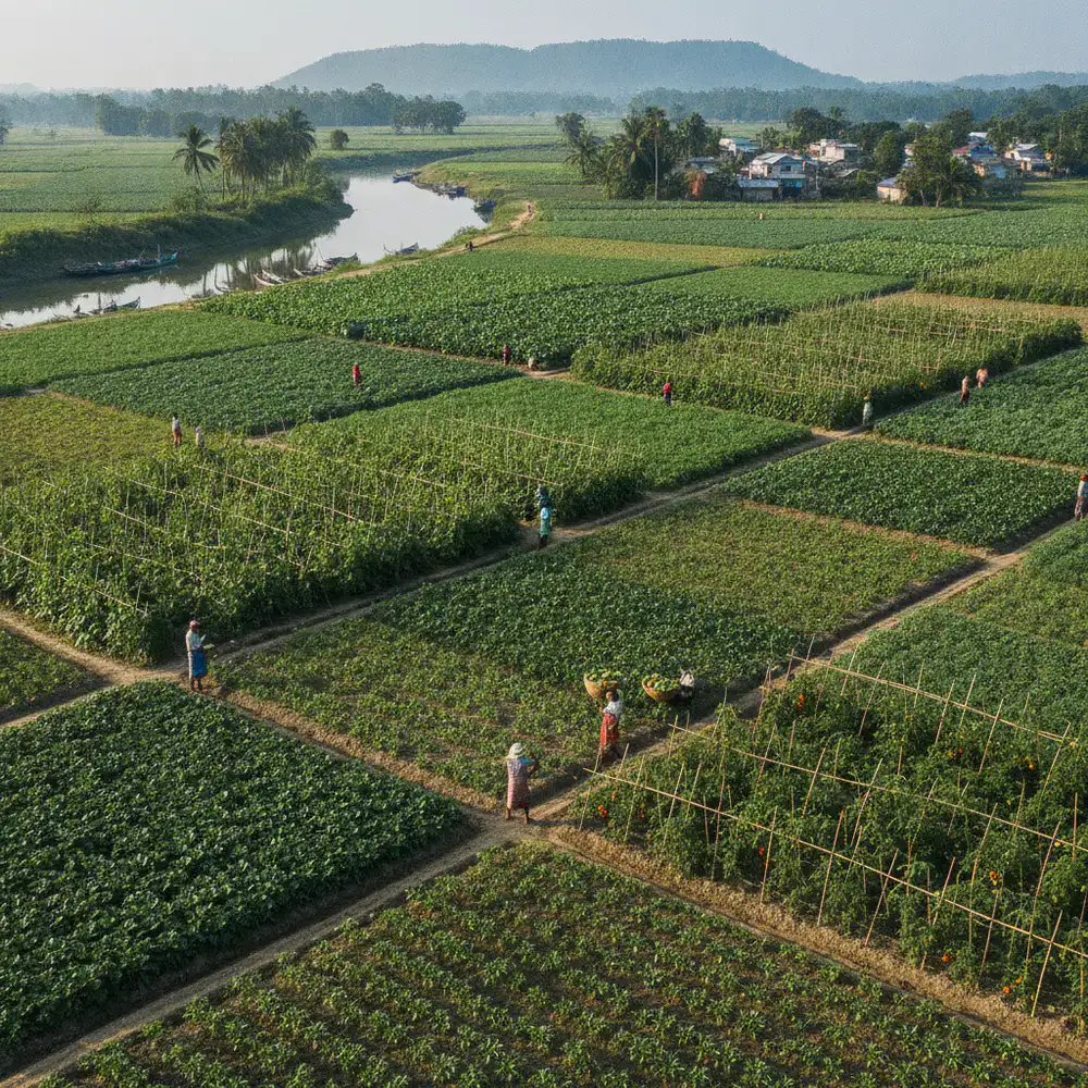 Lush vegetable farm fields in Bangladesh