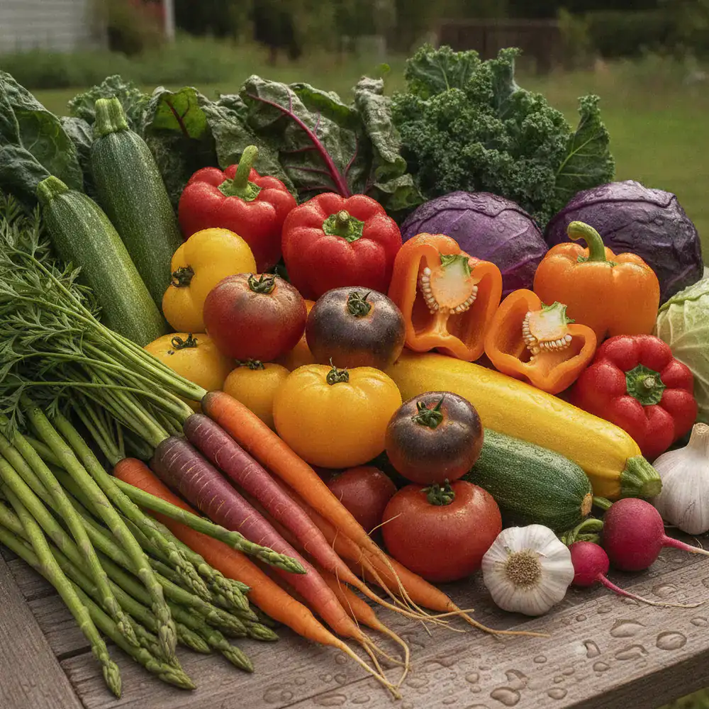 Close up of freshly harvested colorful vegetables