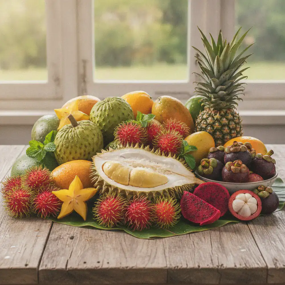 Assorted fresh tropical fruits displayed on a wooden table