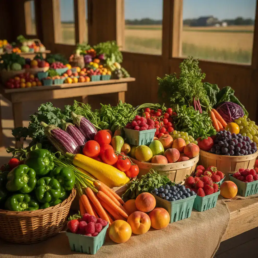 Colorful array of fresh vegetables and fruits sourced from local farms