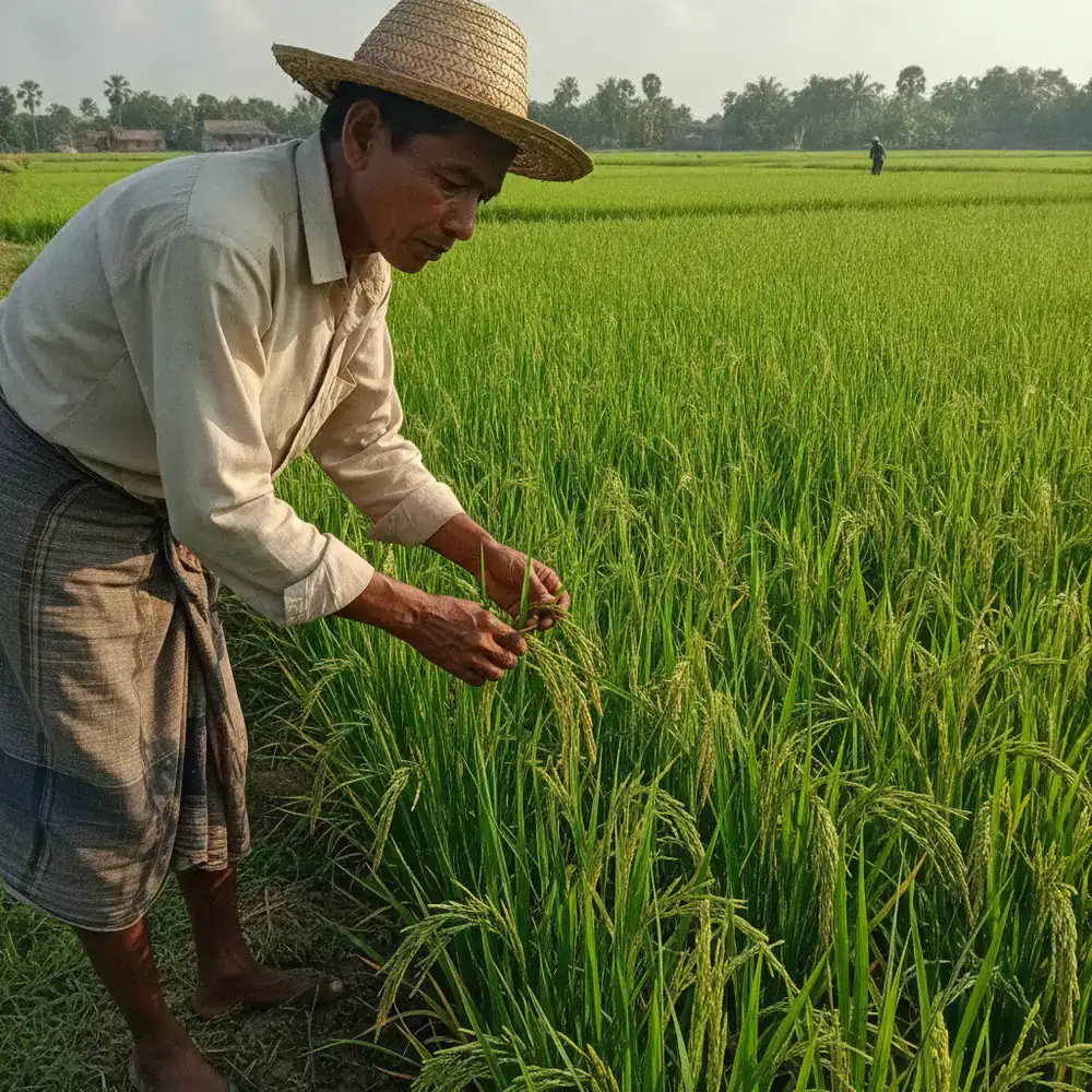 Local farmer carefully inspecting crops in Bangladesh