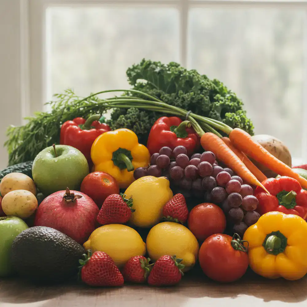 Fresh organic fruits and vegetables background