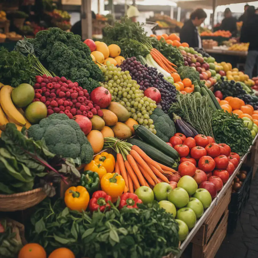 Abundant vibrant fruits and vegetables gathered on a market table