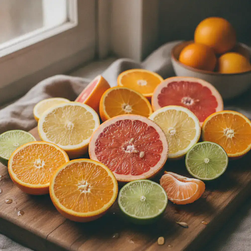 Assorted citrus fruits cut in half