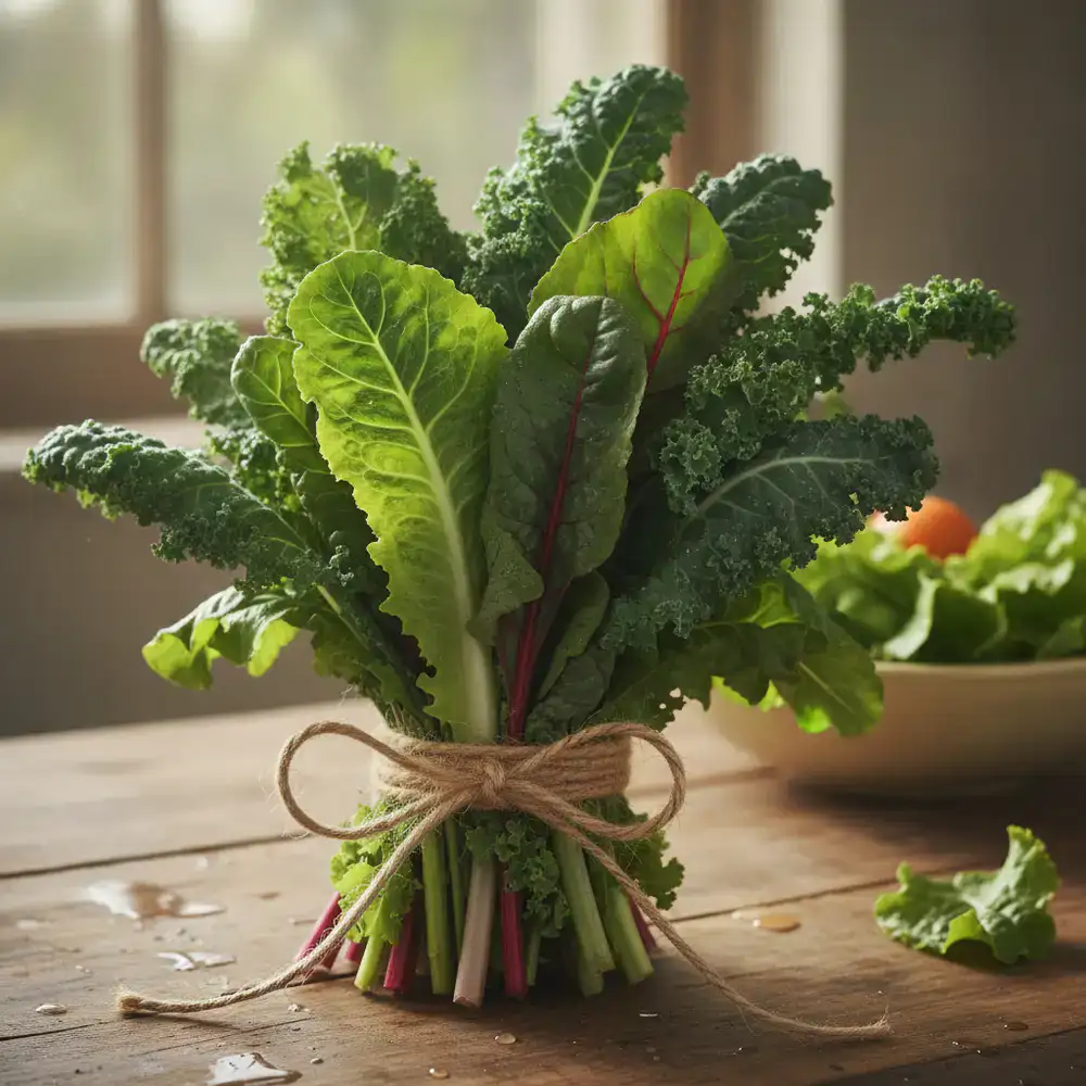 Crisp leafy greens bound with twine
